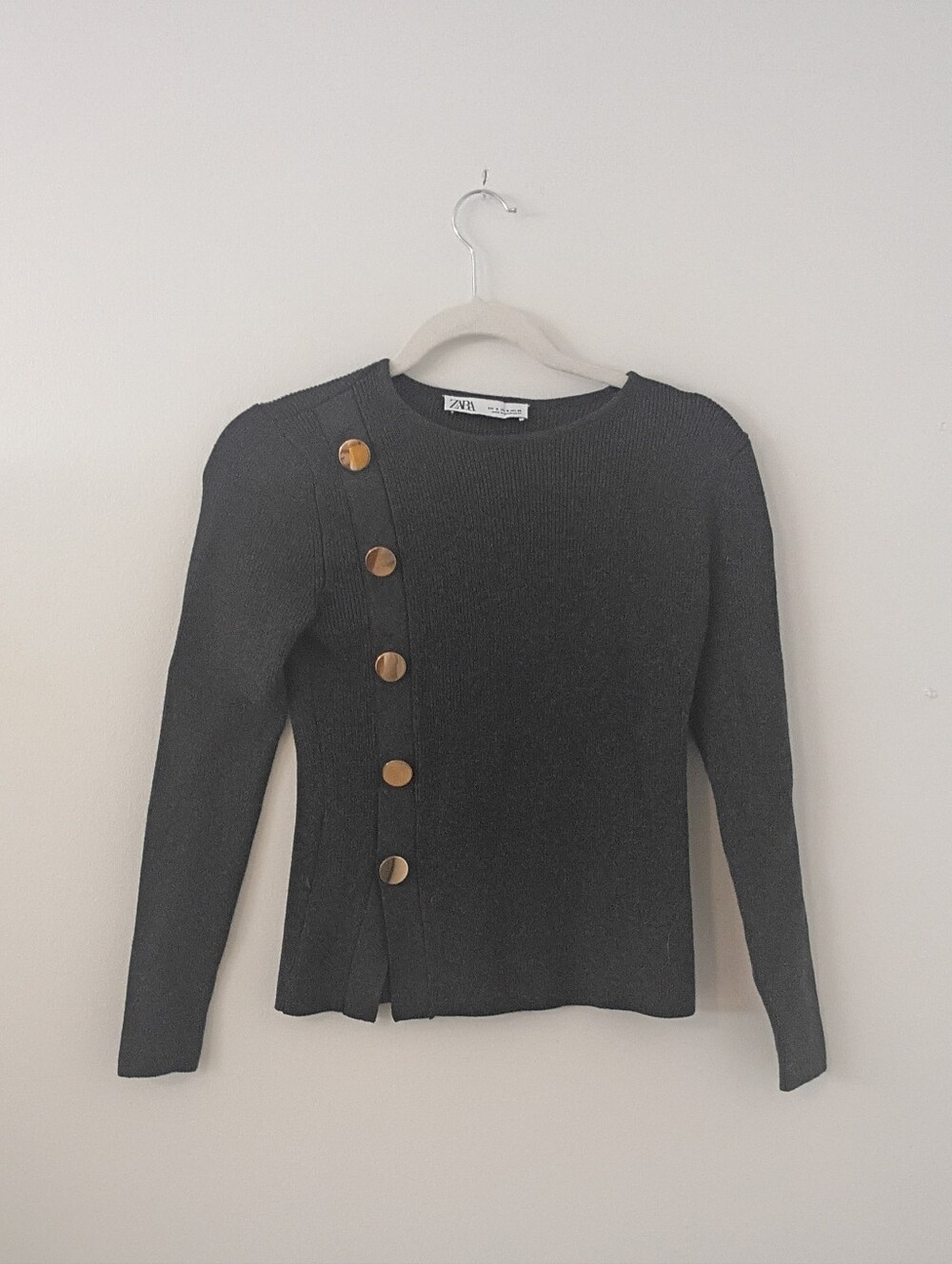 Zara Charcoal Gray Ribbed Knit Asymmetrical Gold Button Sweater